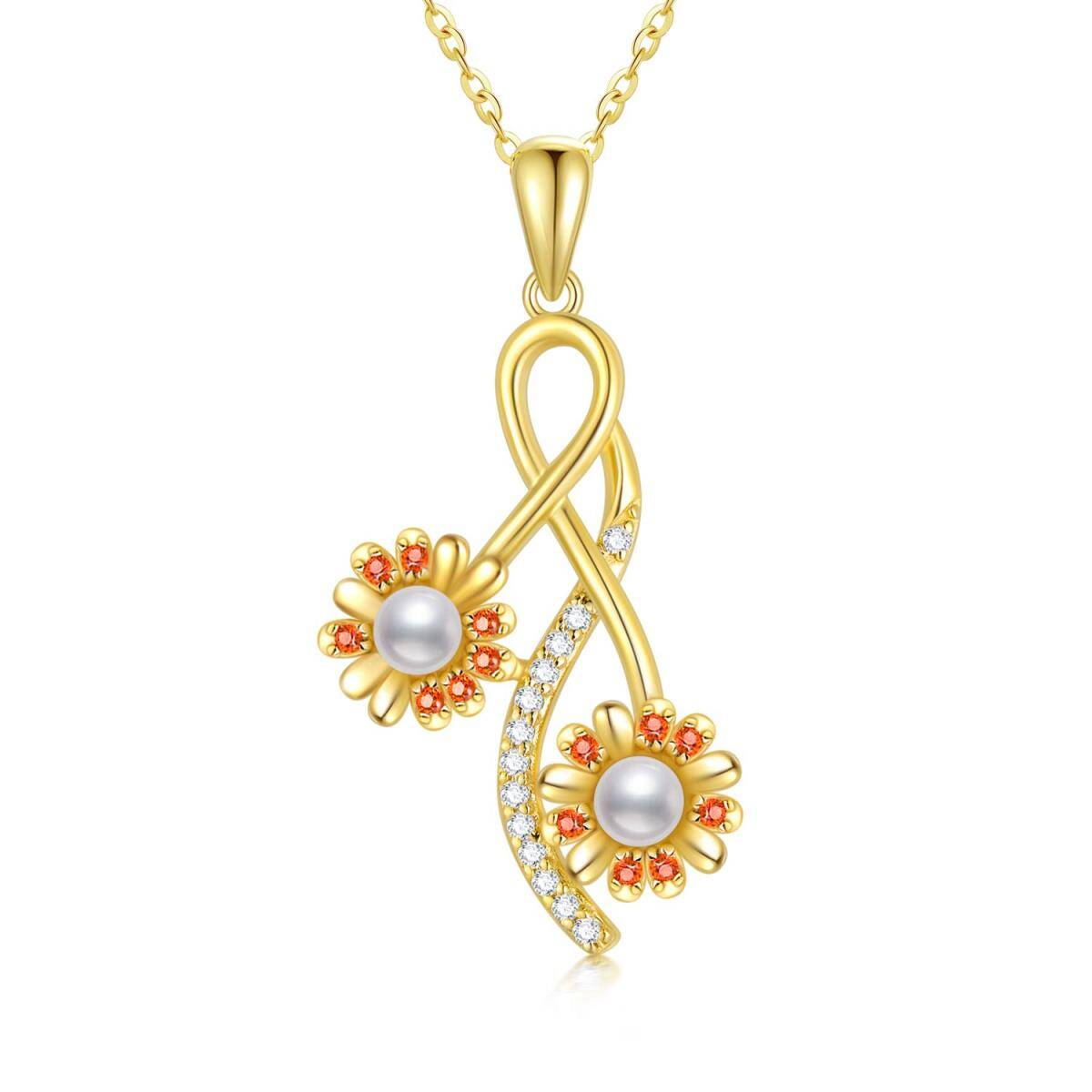Halskette mit Sonnenblumen-Anhänger aus 10 Karat Gold mit Moissanit-Perlen-1