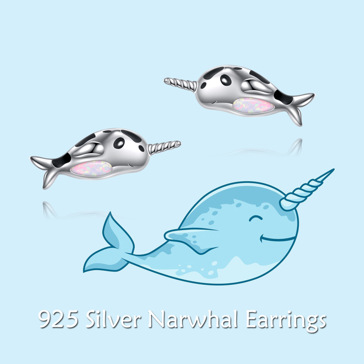 Sterling Silver Opal Narwhal Stud Earrings-6
