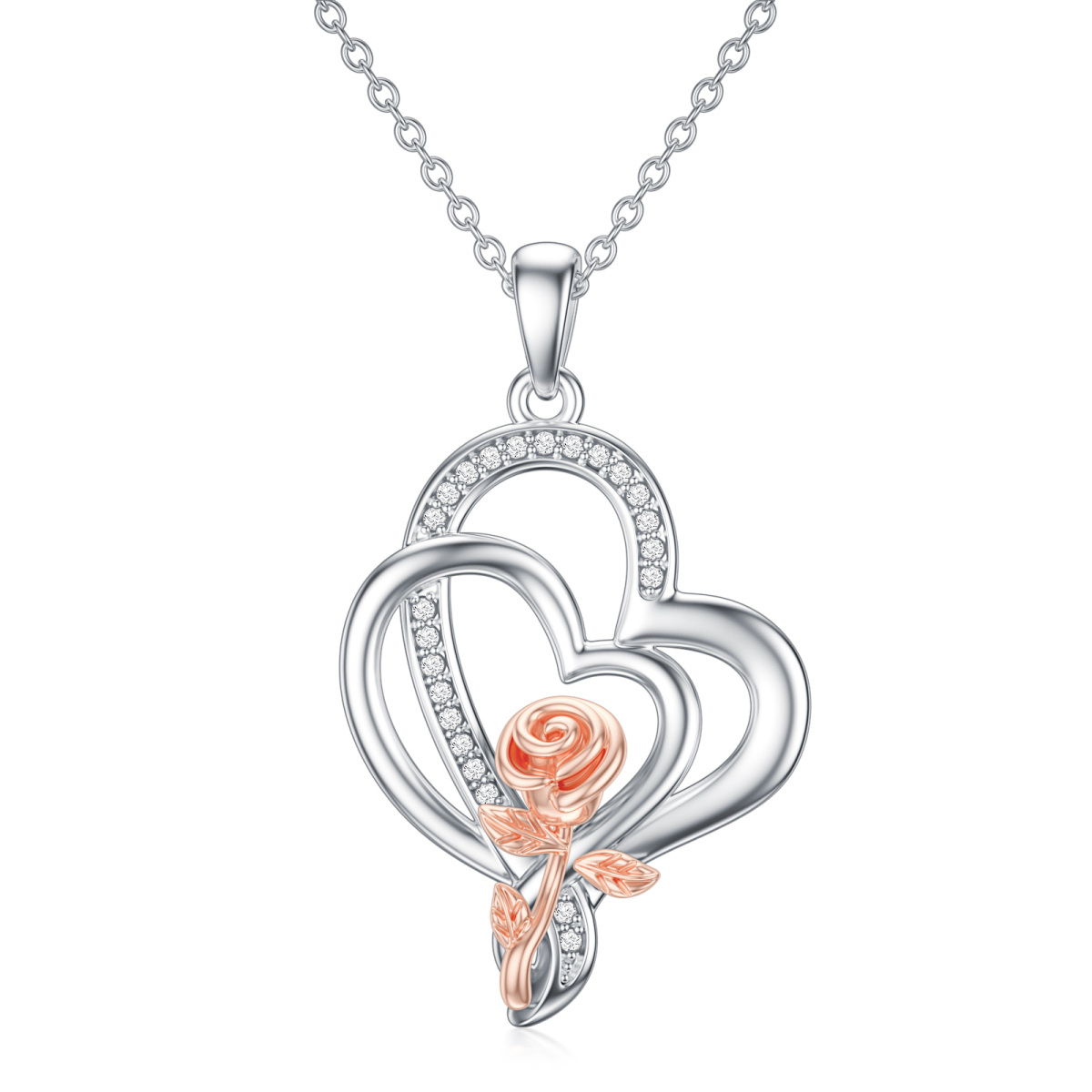 Sterling Silver Two-tone Round Diamond Rose Pendant Necklace-1