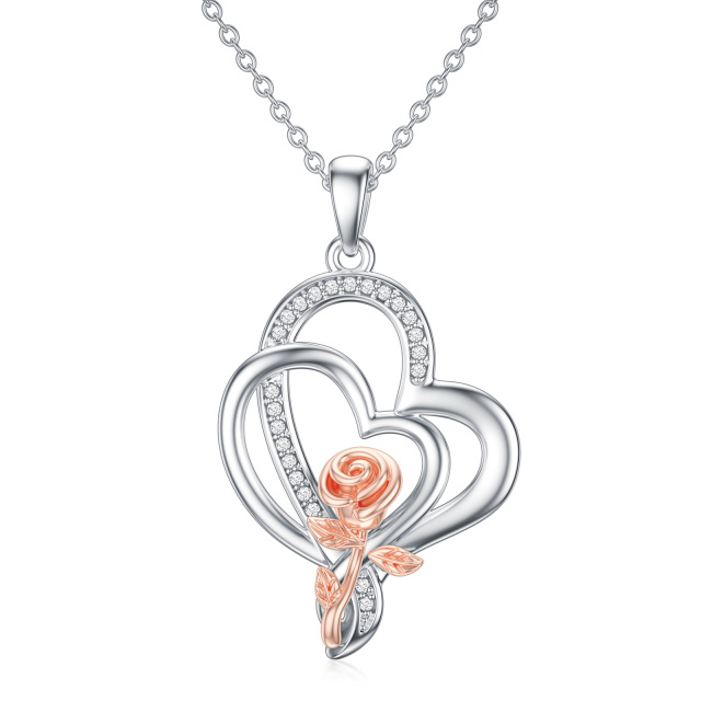 Sterling Silver Two-tone Round Diamond Rose Pendant Necklace-0