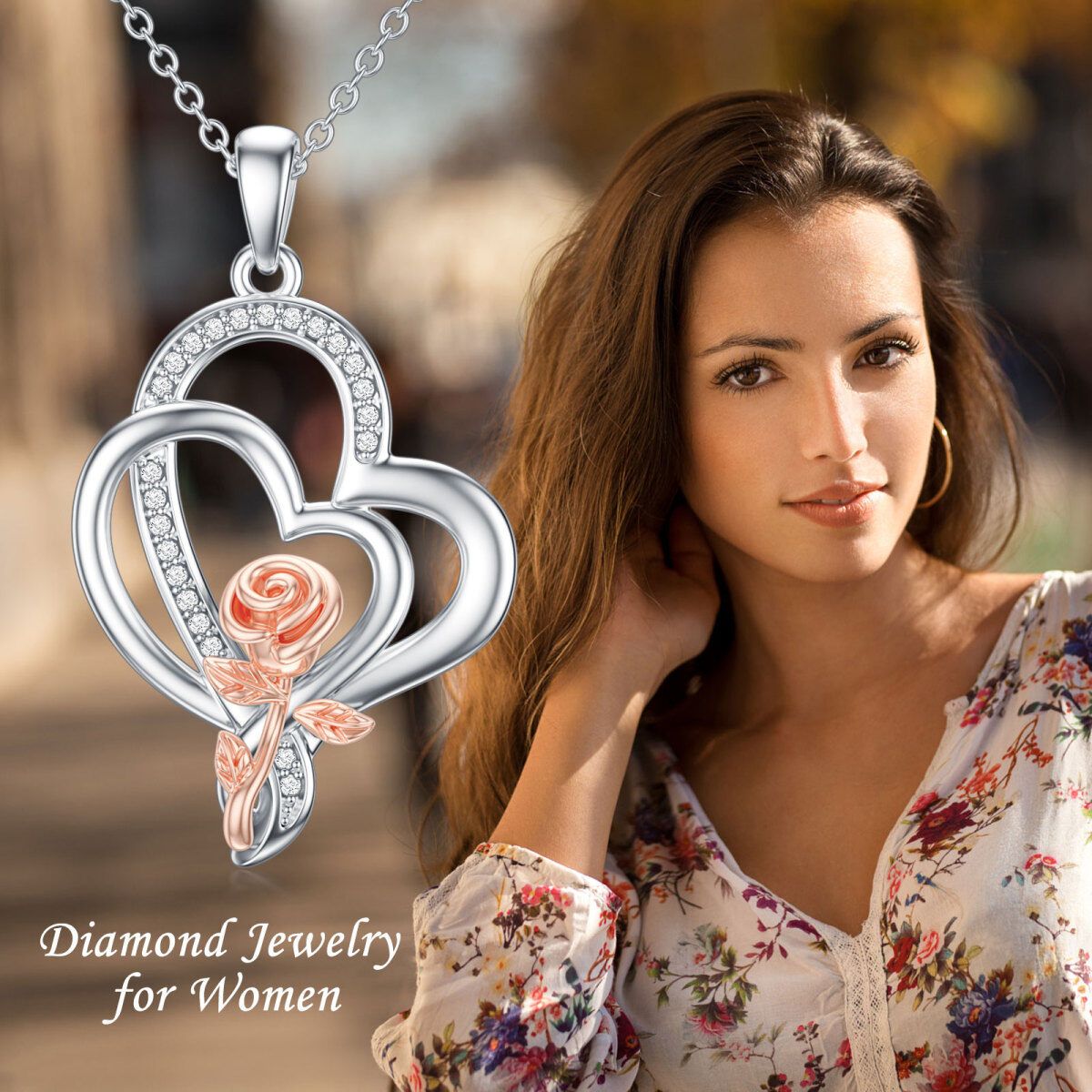 Collier à pendentif rose à diamants ronds bicolores en argent sterling-6