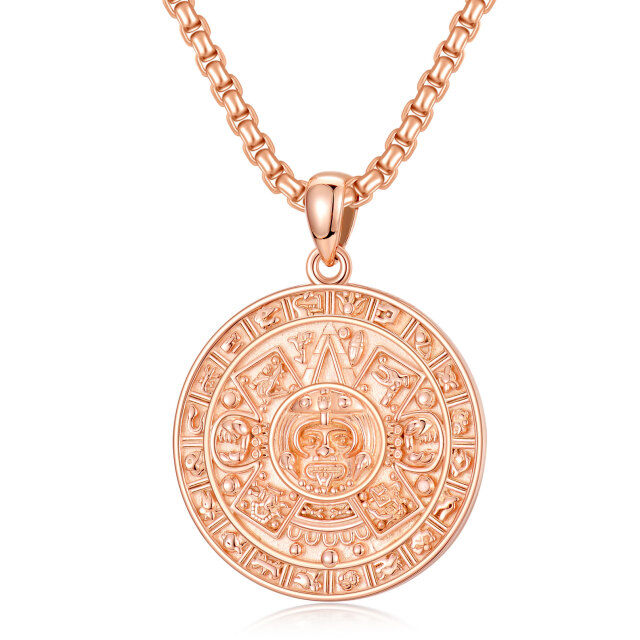 Sterling Silver with Rose Gold Plated Aztec Calendar Pendant Necklace for Men-0