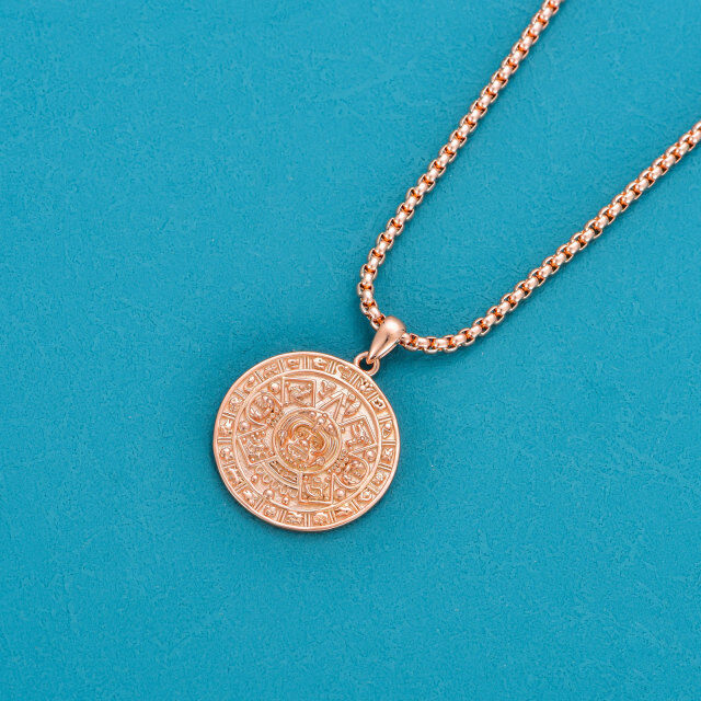 Collier en argent sterling avec pendentif calendrier aztèque plaqué or rose pour hommes-3