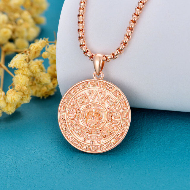 Sterling Silver with Rose Gold Plated Aztec Calendar Pendant Necklace for Men-2