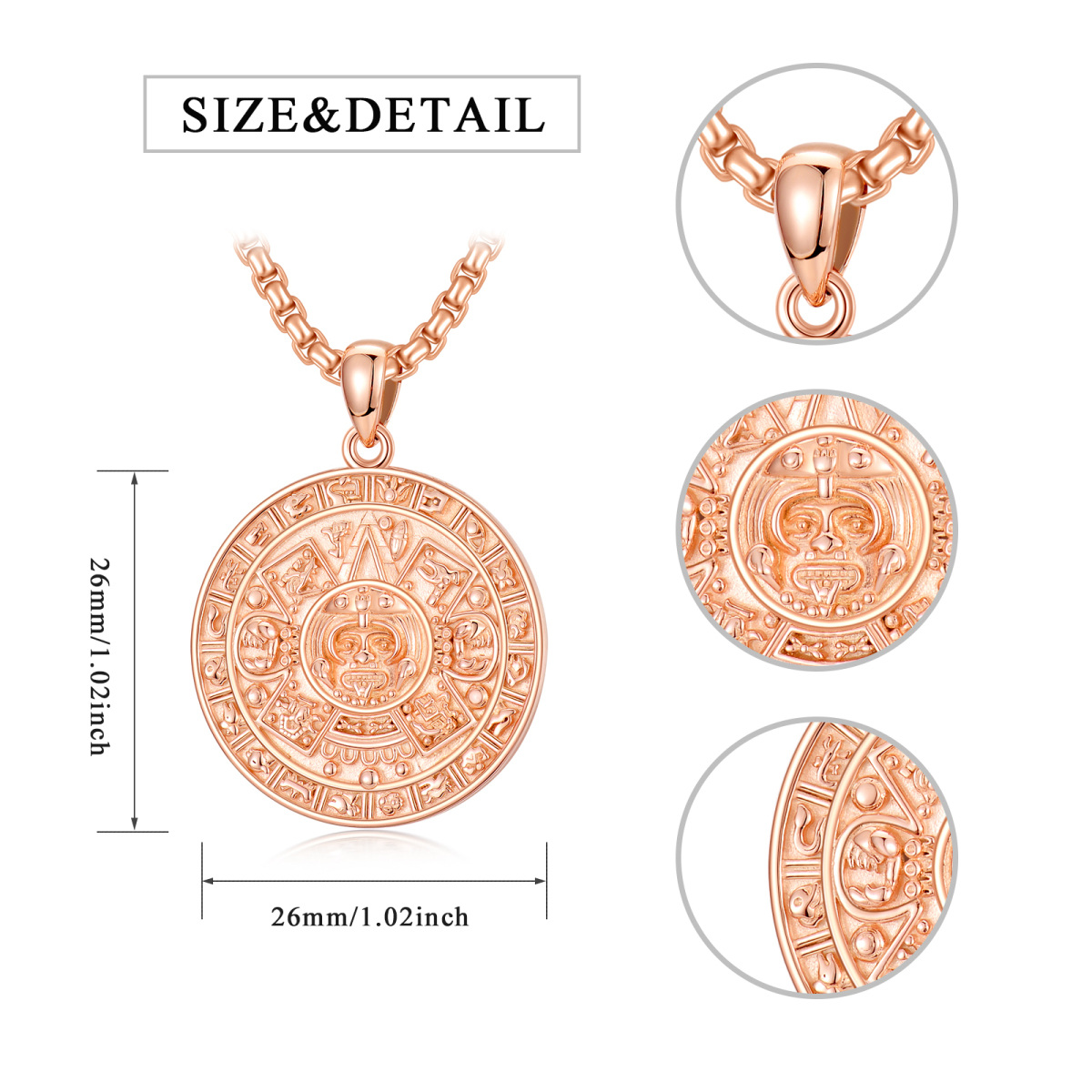 Collier en argent sterling avec pendentif calendrier aztèque plaqué or rose pour hommes-5