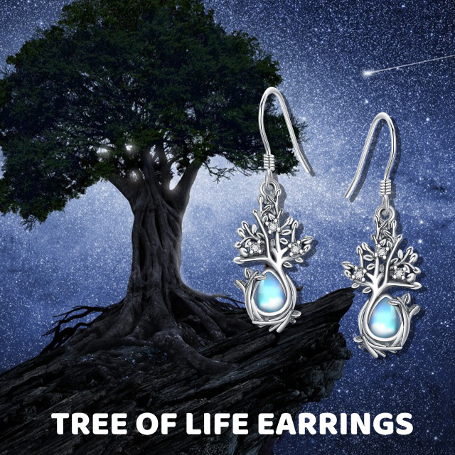 Sterling Silver Moonstone Tree Of Life Drop Earrings-4