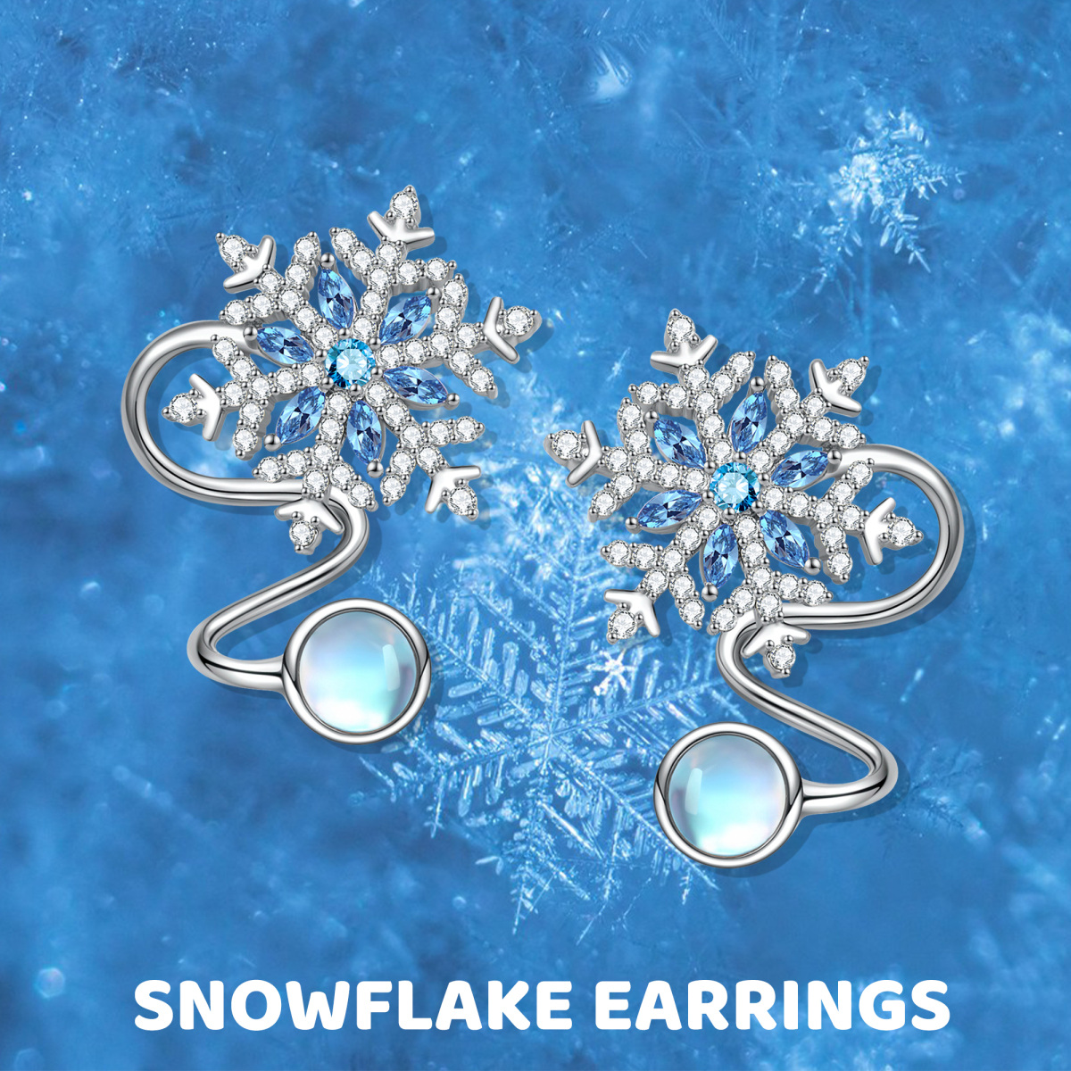 Sterling Silver Circular Shaped & Marquise Shaped Moonstone & Cubic Zirconia Snowflake Climber Earrings-6