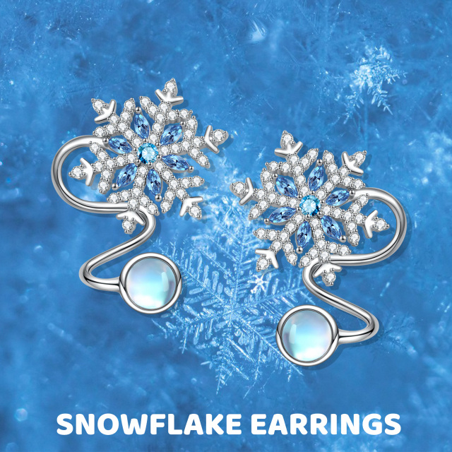 Sterling Silver Circular Shaped & Marquise Shaped Moonstone & Cubic Zirconia Snowflake Climber Earrings-5