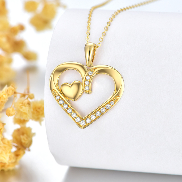 14K Gold Moissanite Heart With Heart Pendant Necklace-2