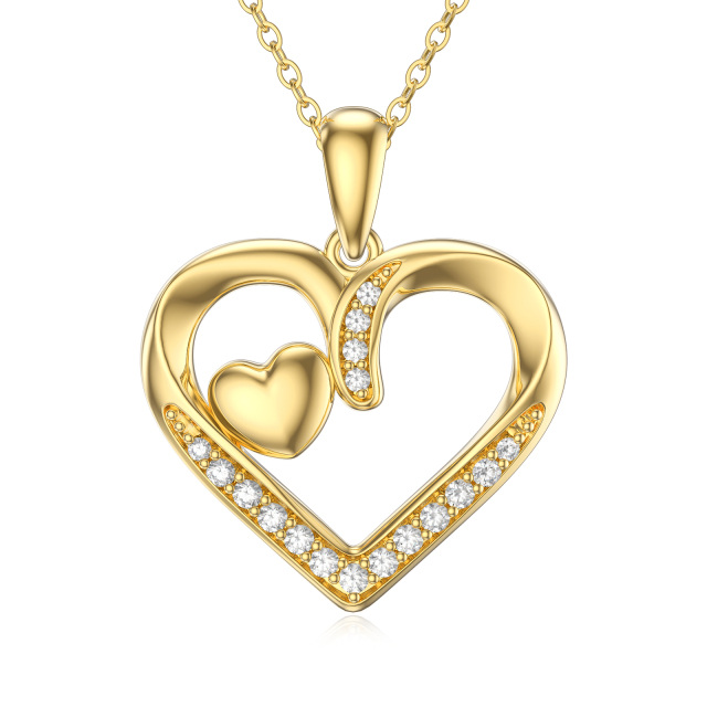 14K Gold Moissanite Heart With Heart Pendant Necklace-0