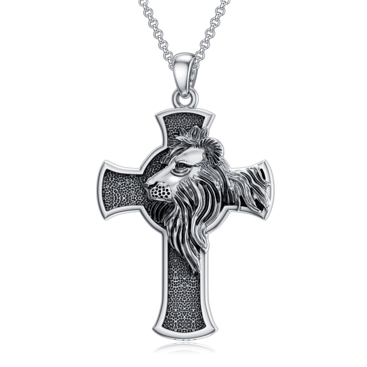 Sterling Silver Lion & Cross Pendant Necklace for Men-1