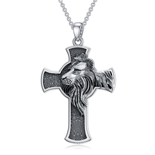 Collier en argent sterling avec pendentif lion et croix pour hommes