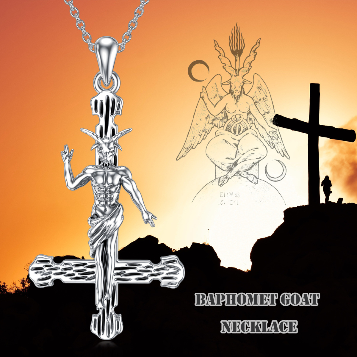 Sterling Silver Cross & Satanic Goat Pendant Necklace-6