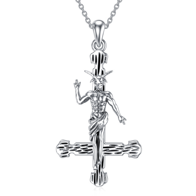 Sterling Silver Cross & Satanic Goat Pendant Necklace-5