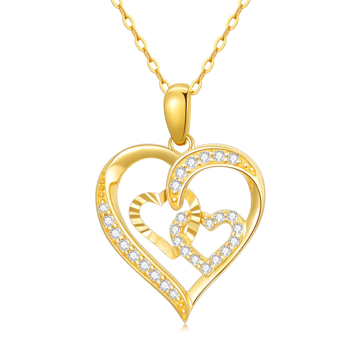 14K Gold Cubic Zirkonia Herz mit Herz-Anhänger Halskette-1