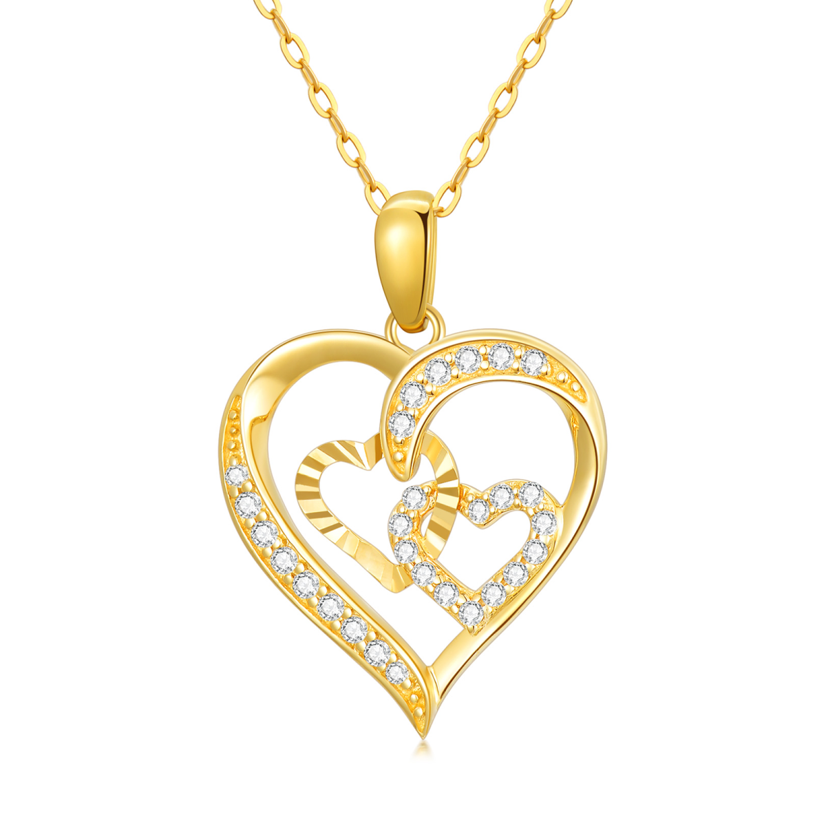 14K Gold Cubic Zirconia Heart With Heart Pendant Necklace-1