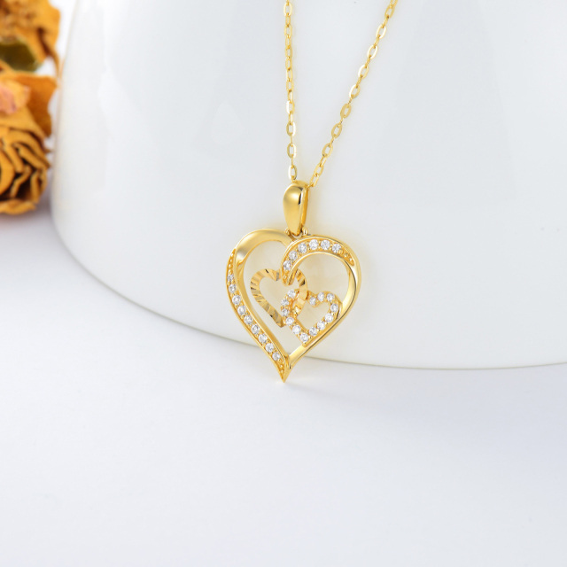 14K Gold Cubic Zirconia Heart With Heart Pendant Necklace-2