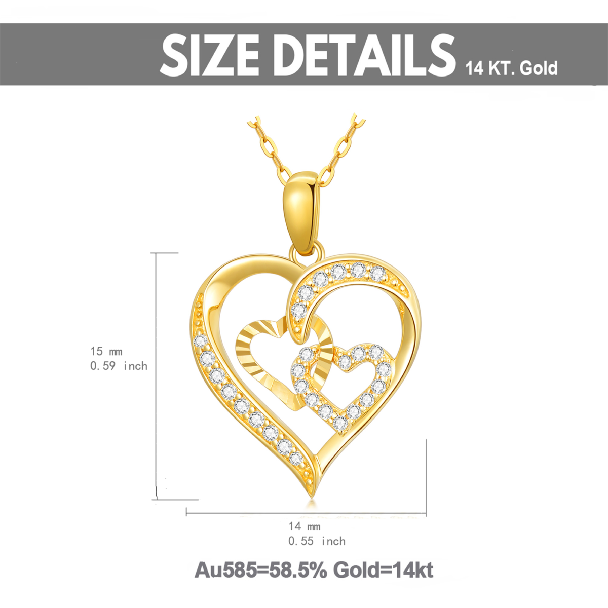 14K Oro Cúbico Zirconia Corazón Con Corazón Collar Colgante-6