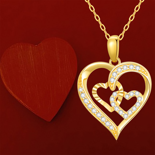 14K Gold Cubic Zirconia Heart With Heart Pendant Necklace-4