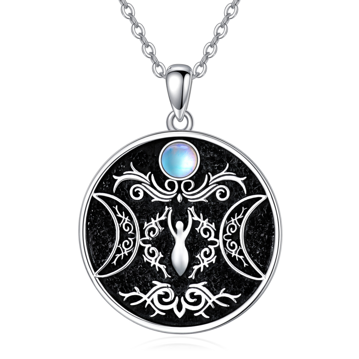 Sterling Silver Circular Shaped Moonstone Triple Moon Goddess Pendant Necklace-1