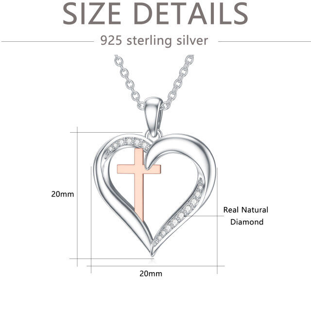 Sterling Silber zweifarbig kreisförmig Diamant Kreuz & Herz Anhänger Halskette-4