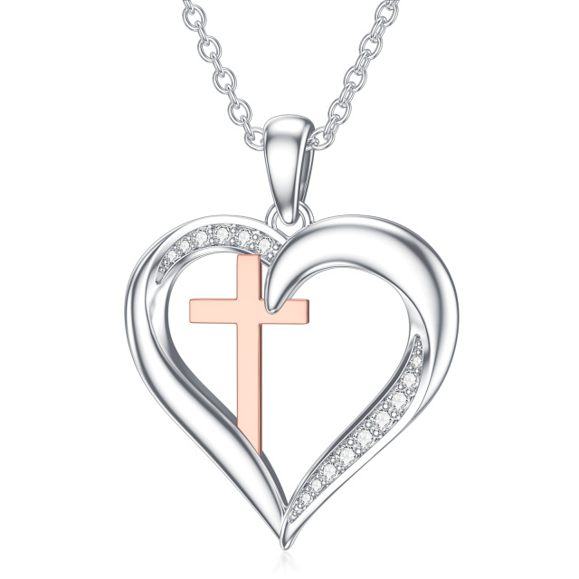 Sterling Silver Two-tone Circular Shaped Diamond Cross & Heart Pendant Necklace-3