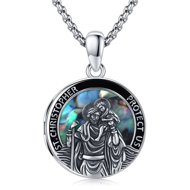 Sterling Silver Abalone Shellfish St. Christopher & Photo Customization Personalized Photo Locket Necklace with Engraved Word-0