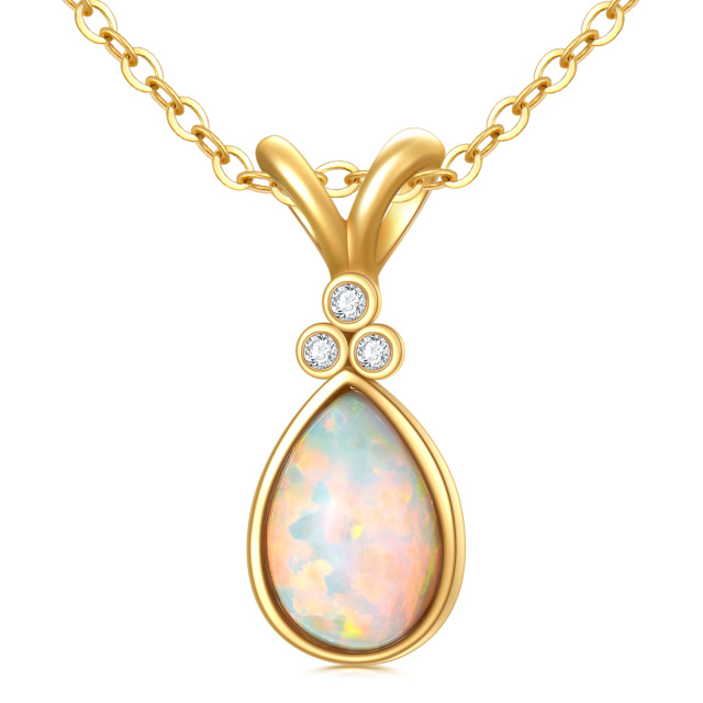 14K Gold Diamond & Orange Opal Drop Shape Pendant Necklace-0