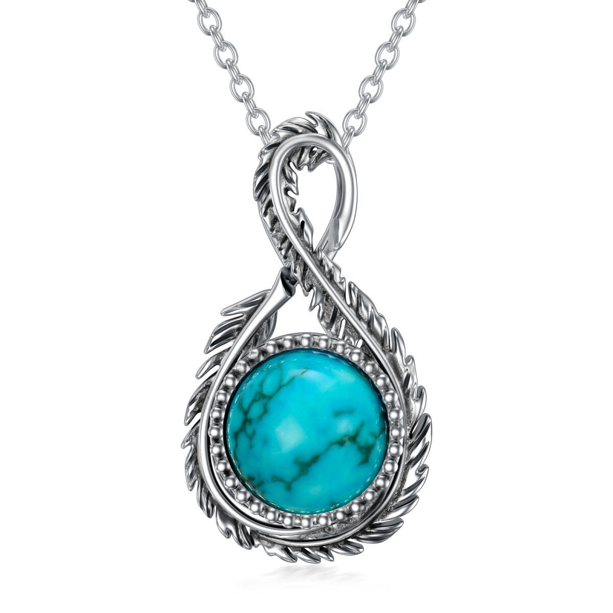 Sterling Silver Circular Shaped Turquoise Feather & Infinity Symbol Pendant Necklace-1