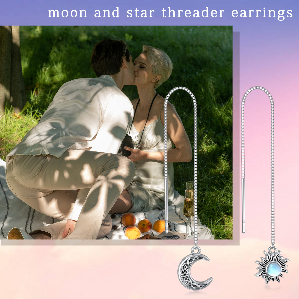 Sterling Silver Circular Shaped Moonstone Moon & Sun Drop Earrings-6