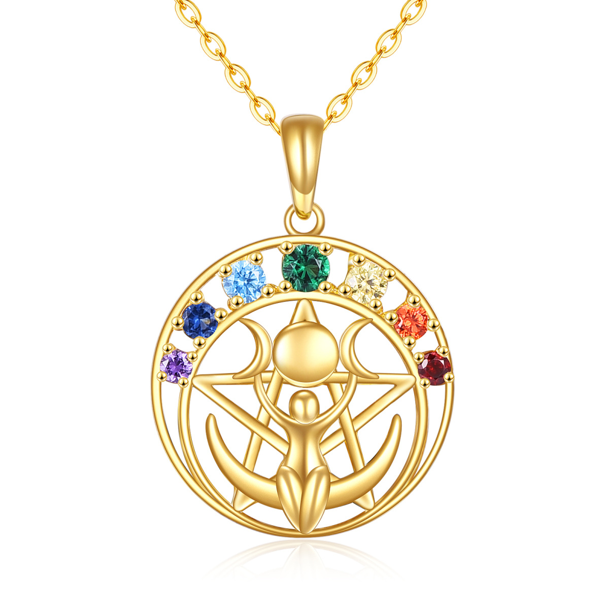 14K Gold Cubic Zirconia Star & Triple Moon Goddess Pendant Necklace-1