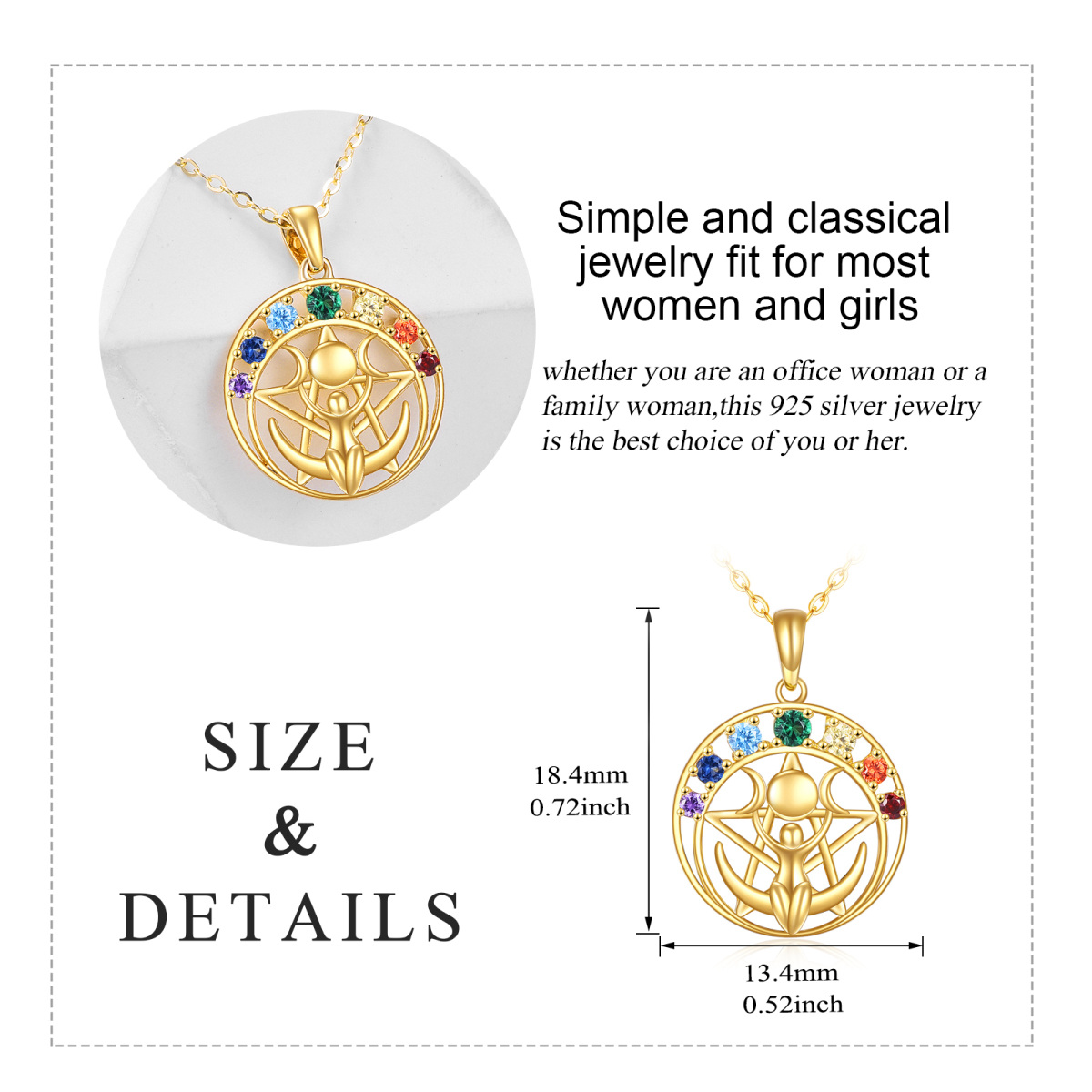 14K Gold Cubic Zirconia Star & Triple Moon Goddess Pendant Necklace-6