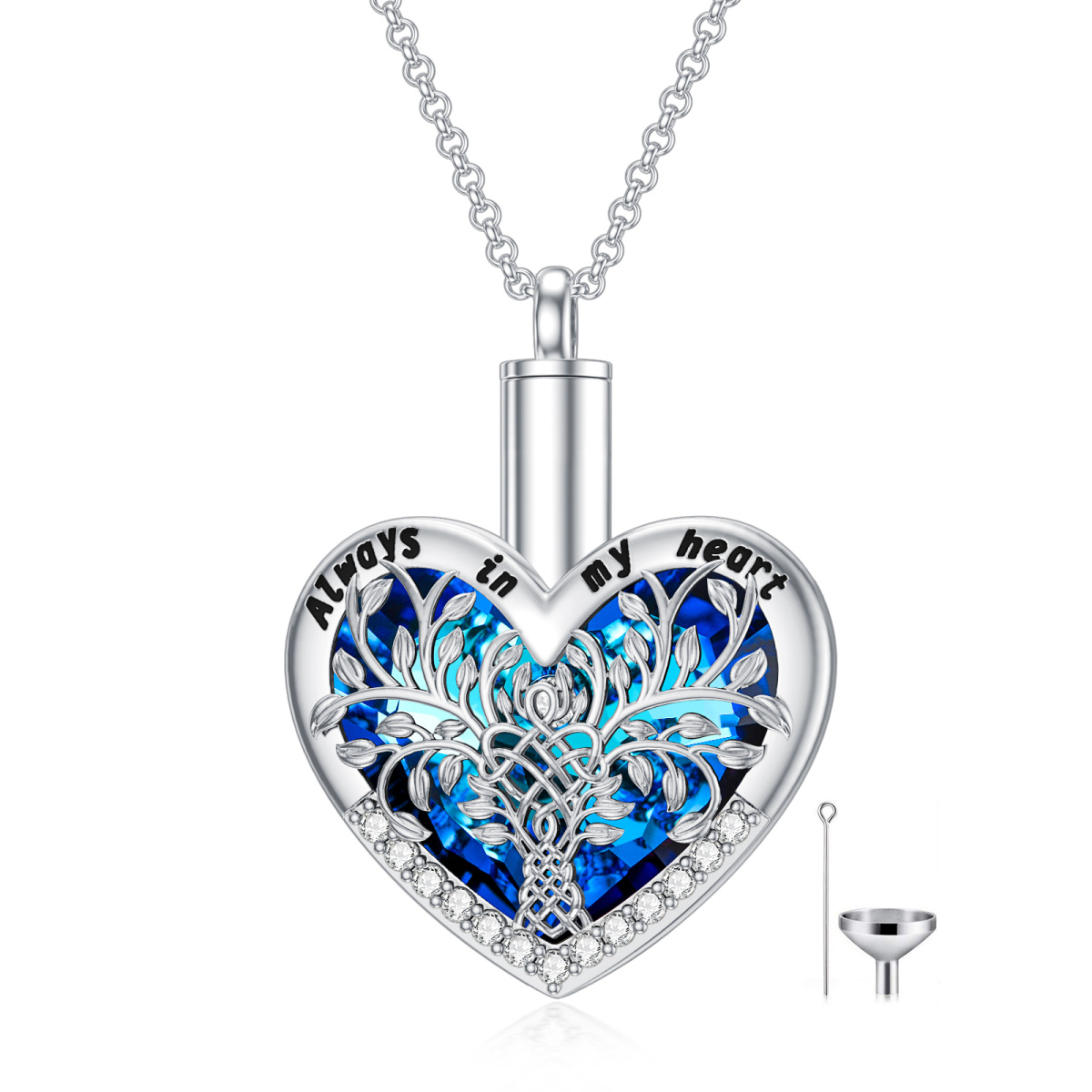 Plata de ley en forma de corazón de cristal Árbol de la Vida Urna Collar para cenizas con cadena de Rolo-1