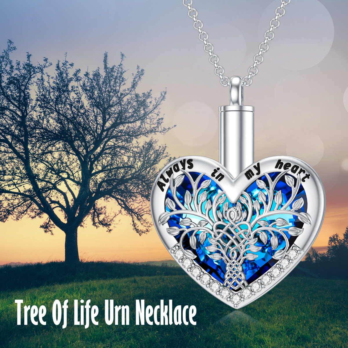 Plata de ley en forma de corazón de cristal Árbol de la Vida Urna Collar para cenizas con cadena de Rolo-6