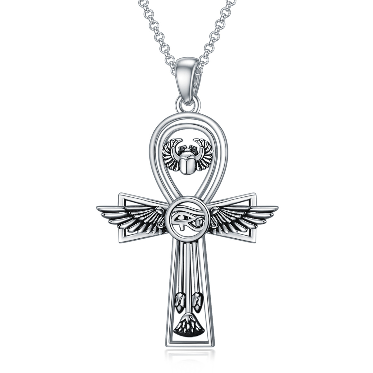 Sterling Silver Cross & Eye Of Horus Pendant Necklace for Men-1