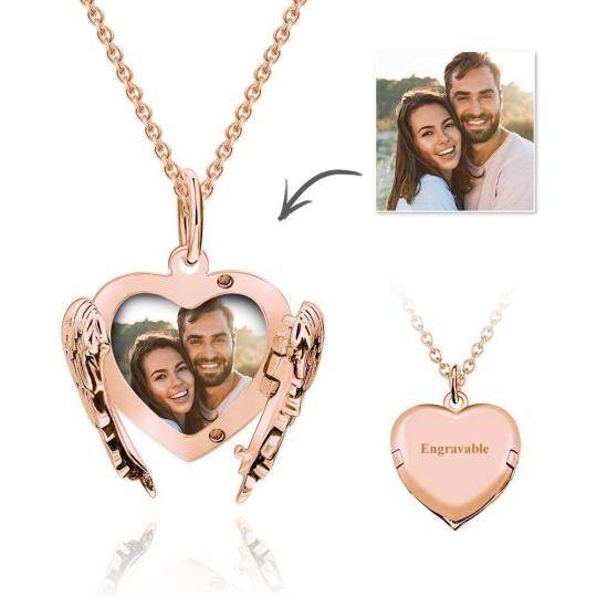 Sterling Silver with Rose Gold Plated Angel Wing Personalized Engraving Photo Locket Necklace