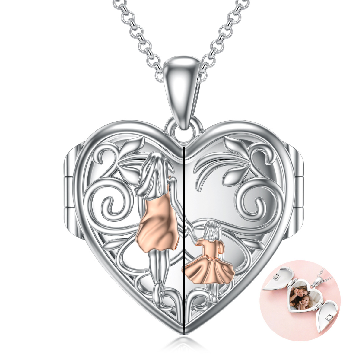 Plata de ley de dos tonos Madre e Hija Corazón Personalizado Foto Locket Collar-1