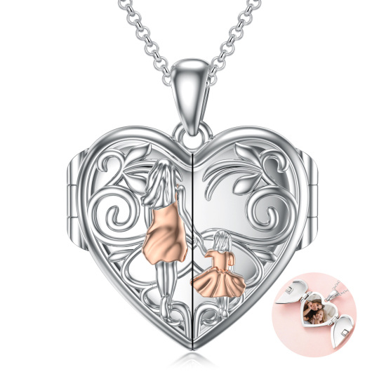 Plata de ley de dos tonos Madre e Hija Corazón Personalizado Foto Locket Collar