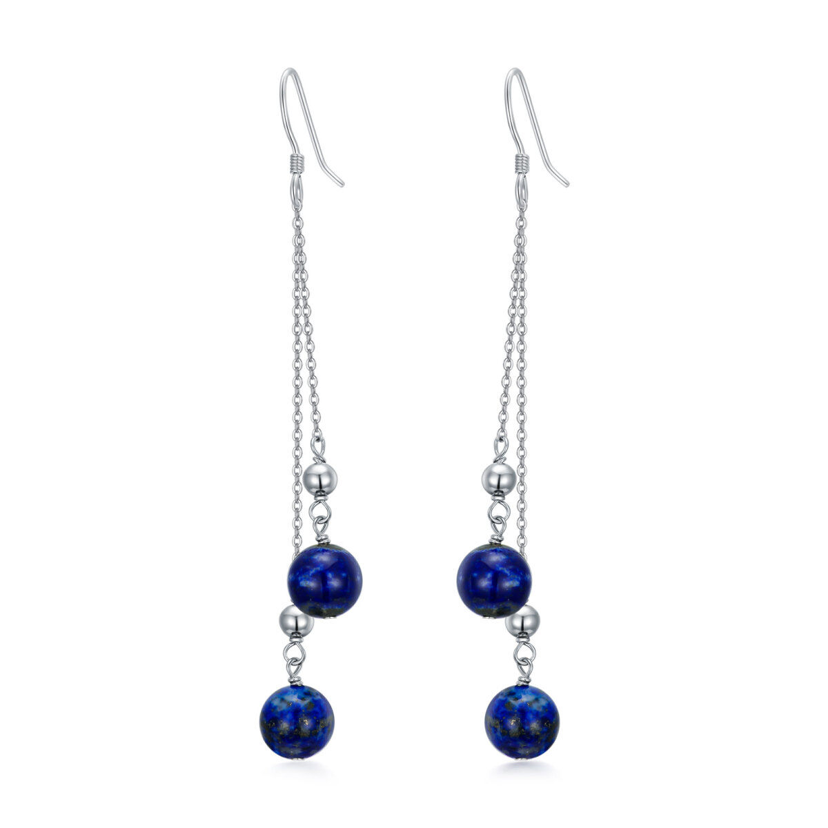 Sterling Silver Round Lapis Lazuli Bead Drop Earrings-1