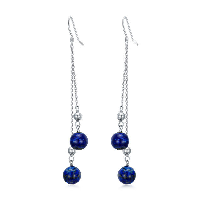 Sterling Silver Round Lapis Lazuli Bead Drop Earrings-0