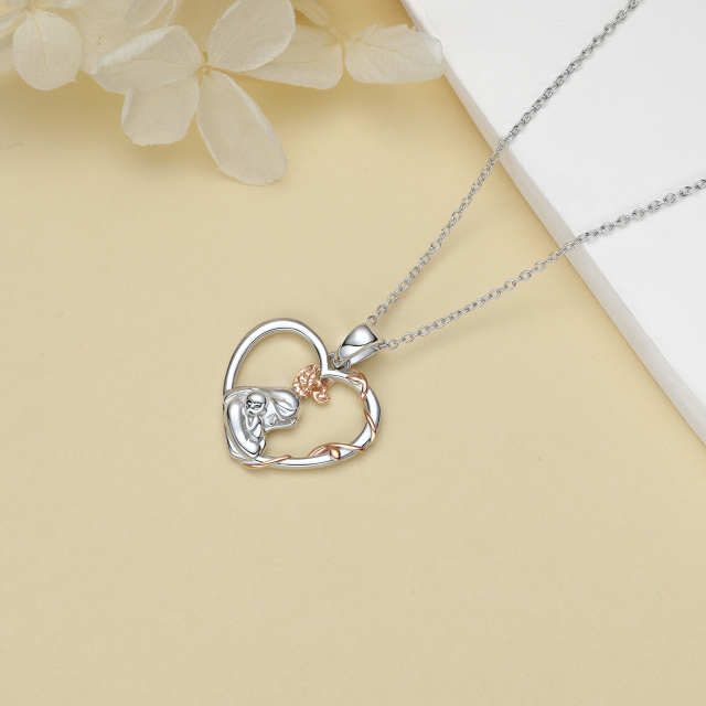 Sterling Silver Two-tone Rose Mother Heart Pendant Necklace-4