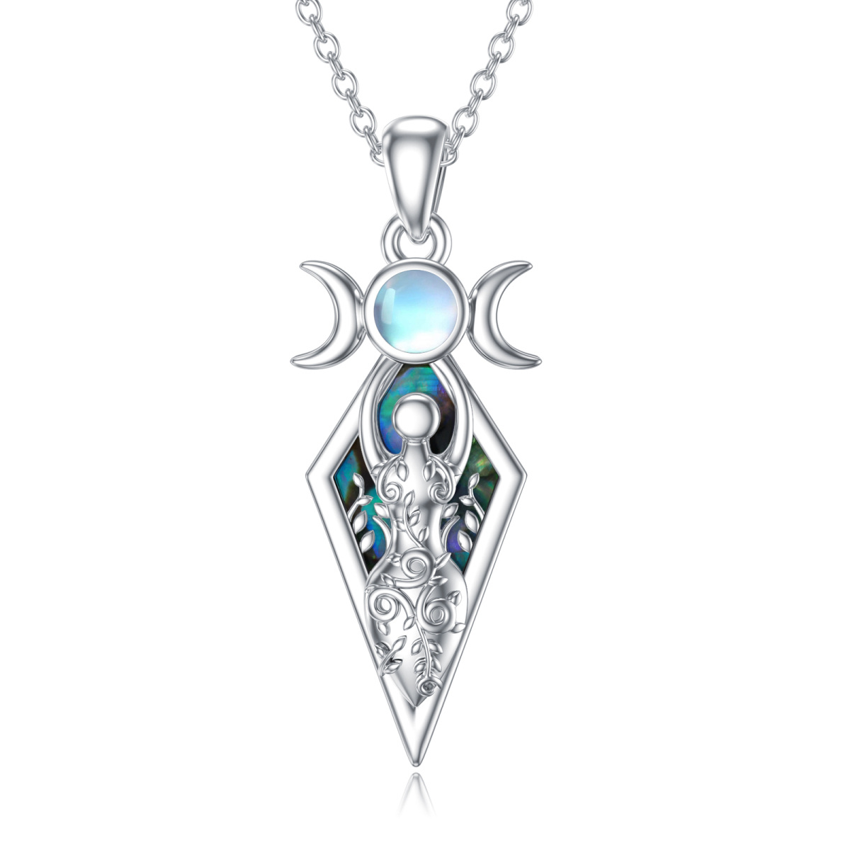 Sterling Silver Abalone Shellfish & Moonstone Triple Moon Goddess Pendant Necklace-1