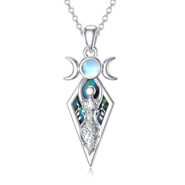 Sterling Silver Abalone Shellfish & Moonstone Triple Moon Goddess Pendant Necklace-0