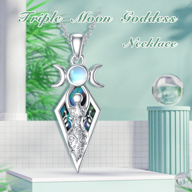 Sterling Silver Abalone Shellfish & Moonstone Triple Moon Goddess Pendant Necklace-5