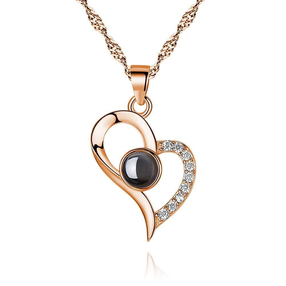 Sterling Silver with Rose Gold Plated Circular Shaped Projection Stone Personalized Photo & Heart Pendant Necklace-1