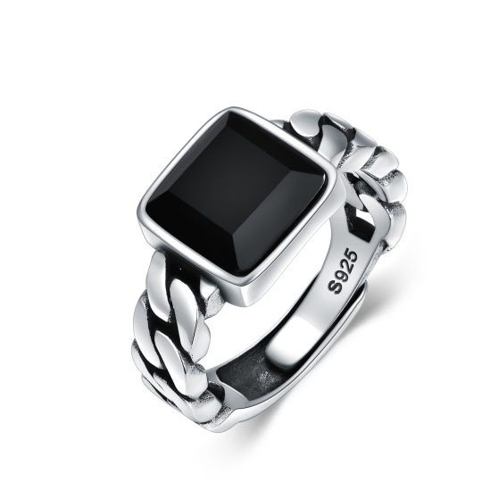 925 Sterling Silver Square-Cut Black Onyx Open Adjustable Ring