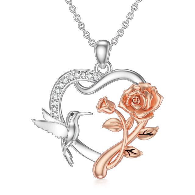 Sterling Silver Two-tone Circular Shaped Cubic Zirconia Hummingbird & Rose & Heart Pendant Necklace-1