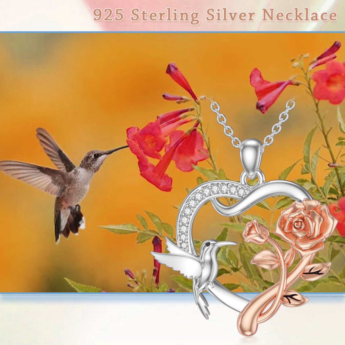 Sterling Silver Two-tone Circular Shaped Cubic Zirconia Hummingbird & Rose & Heart Pendant Necklace-6