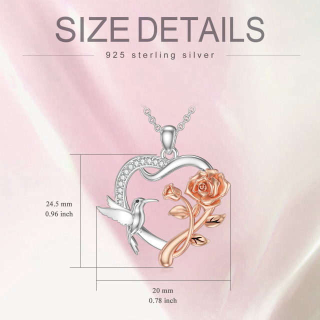 Sterling Silver Two-tone Circular Shaped Cubic Zirconia Hummingbird & Rose & Heart Pendant Necklace-5