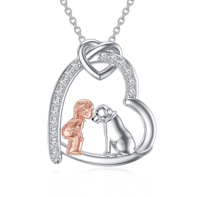 Sterling Silver Two-tone Zirconia Girl & Dog Love Knot Heart Pendant Necklace-0